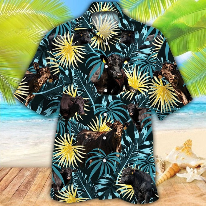 Black Angus Cattle Lovers Blue And Yellow Plants Hawaiian Shirt