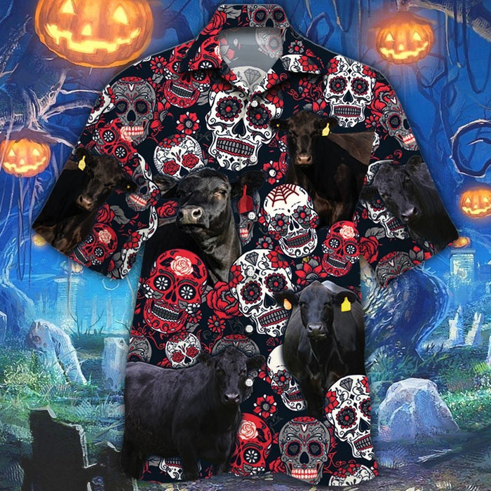 Black Angus Cattle Lovers Sugar Skull Floral Hawaiian Shirt