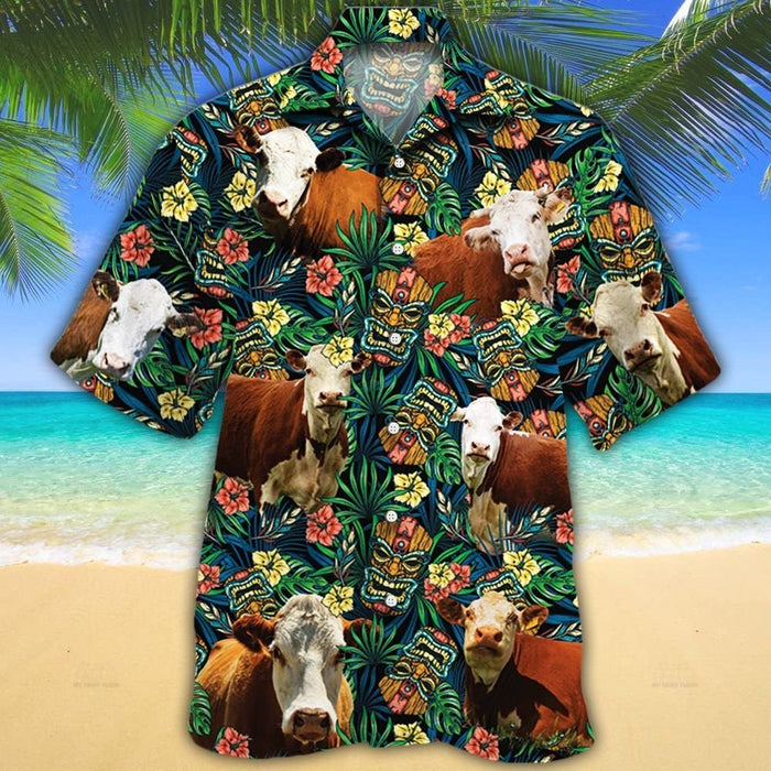 Hereford Cattle Lovers Tribal Tiki Mask Hawaiian Shirt