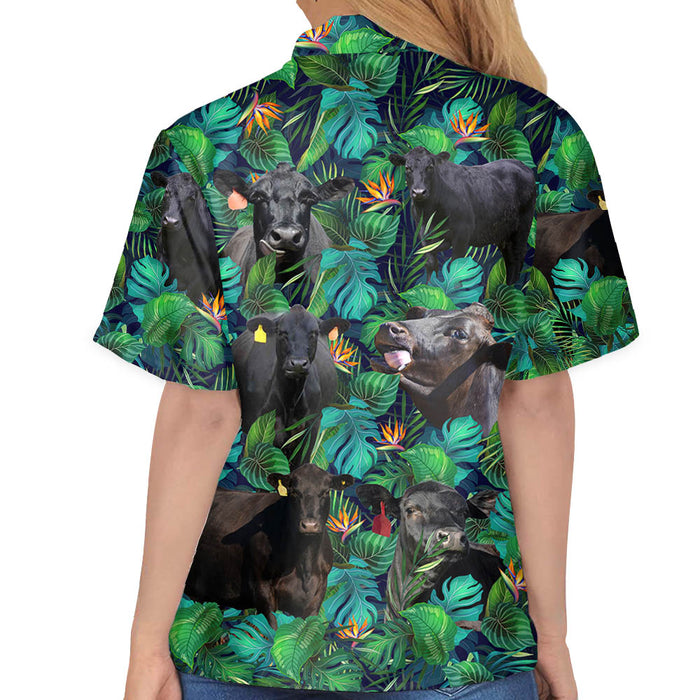 Black Angus Cattle Lovers Tropical Leaves Hawaiian Shirt