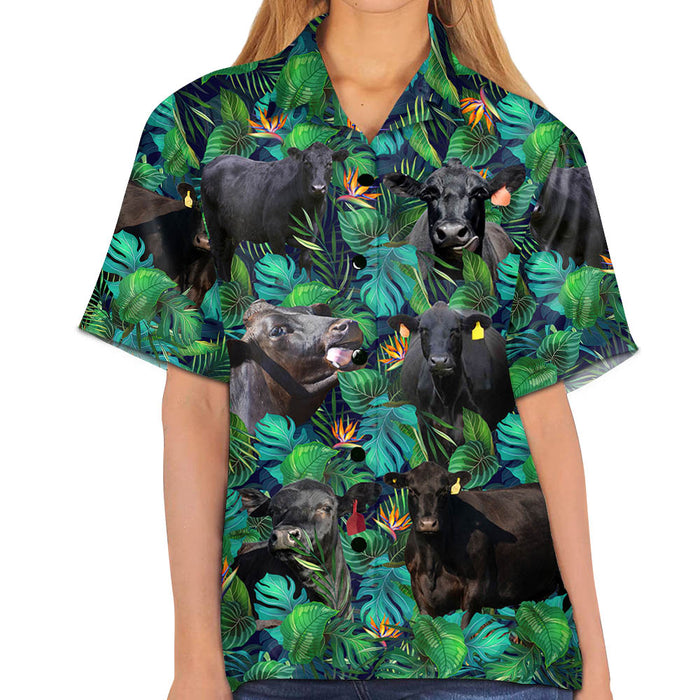 Black Angus Cattle Lovers Tropical Leaves Hawaiian Shirt