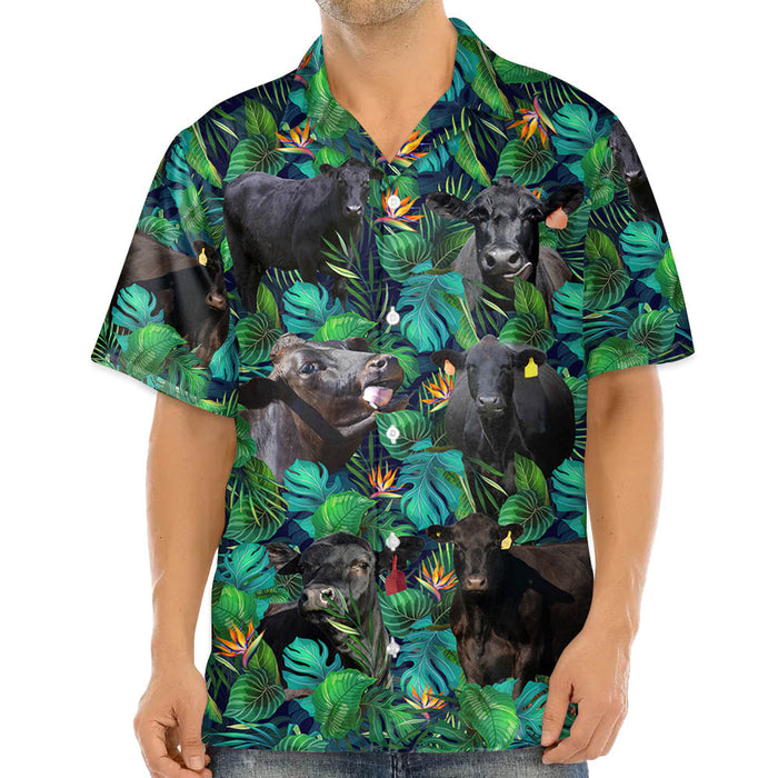 Black Angus Cattle Lovers Tropical Leaves Hawaiian Shirt