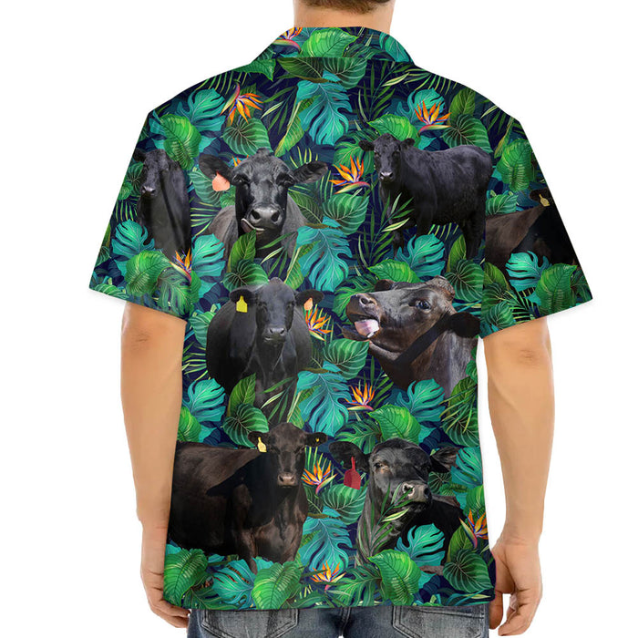 Black Angus Cattle Lovers Tropical Leaves Hawaiian Shirt