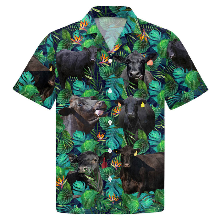 Black Angus Cattle Lovers Tropical Leaves Hawaiian Shirt