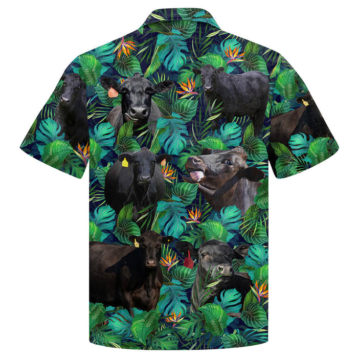 Black Angus Cattle Lovers Tropical Leaves Hawaiian Shirt