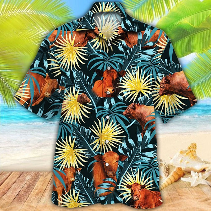 Red Angus Cattle Lovers Blue And Yellow Plants Hawaiian Shirt